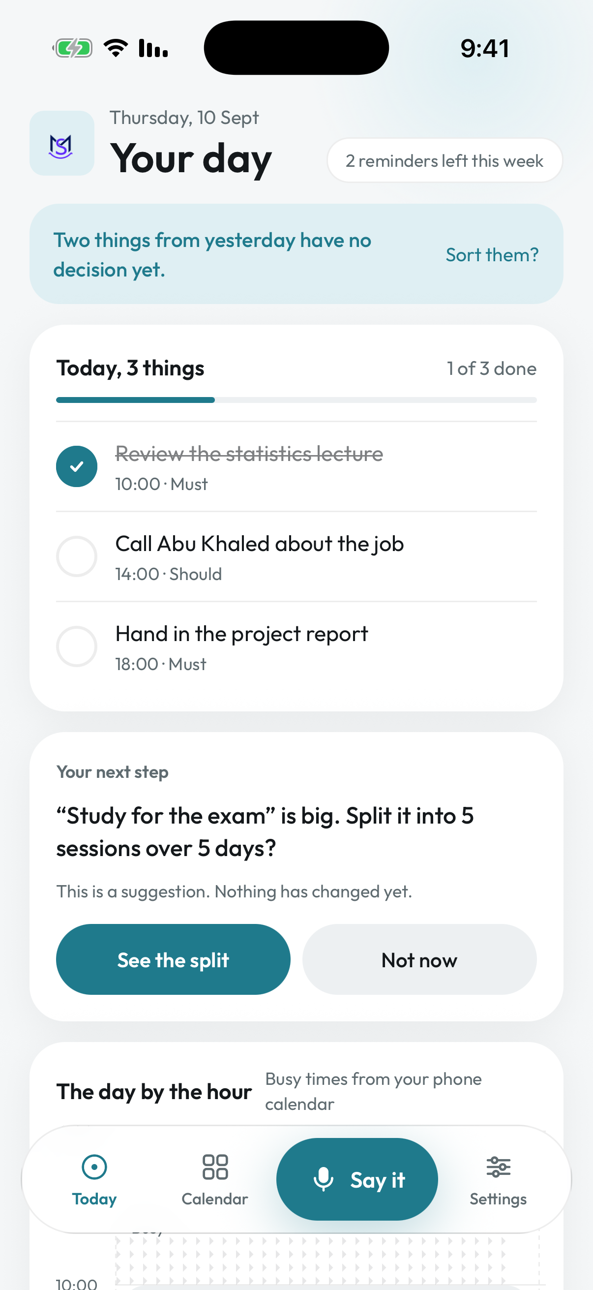 MaybeSitter Today screen showing commitments and a next-step suggestion in English